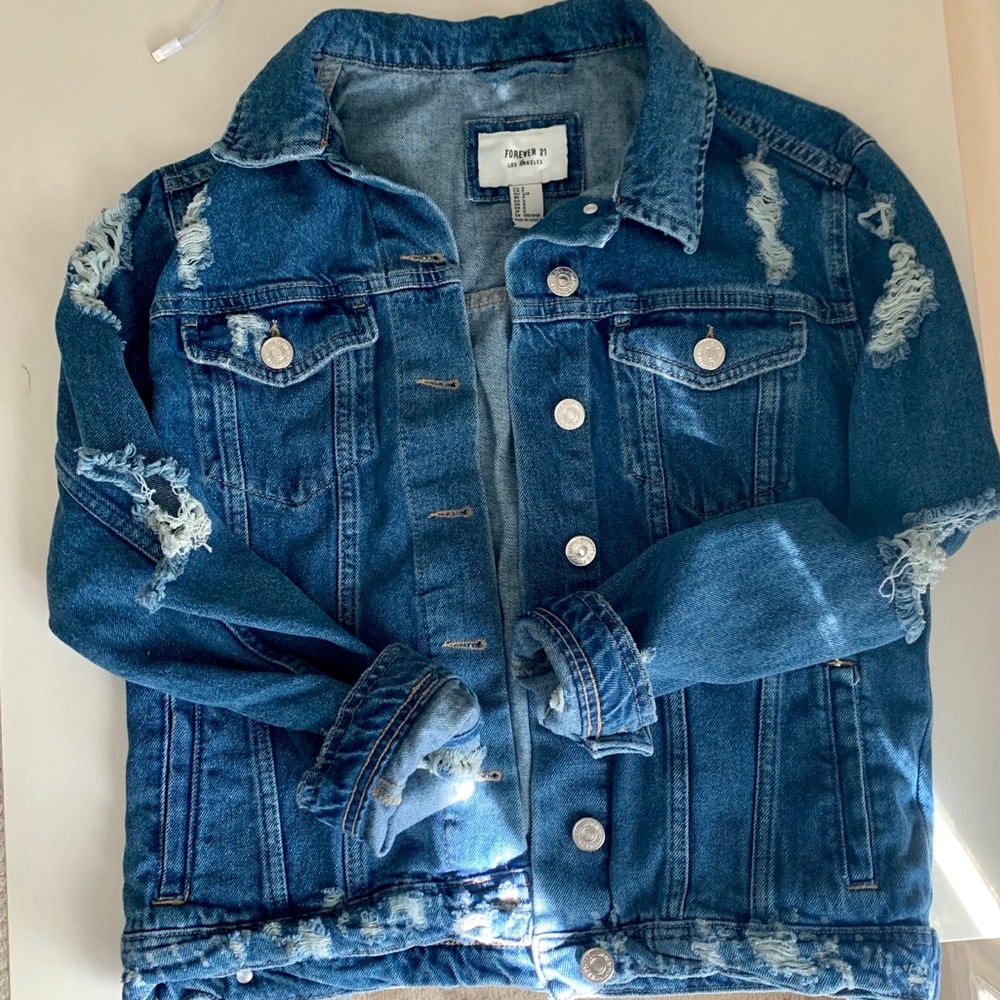 F21 Distressed Boyfriend/Oversized Denim Jacket